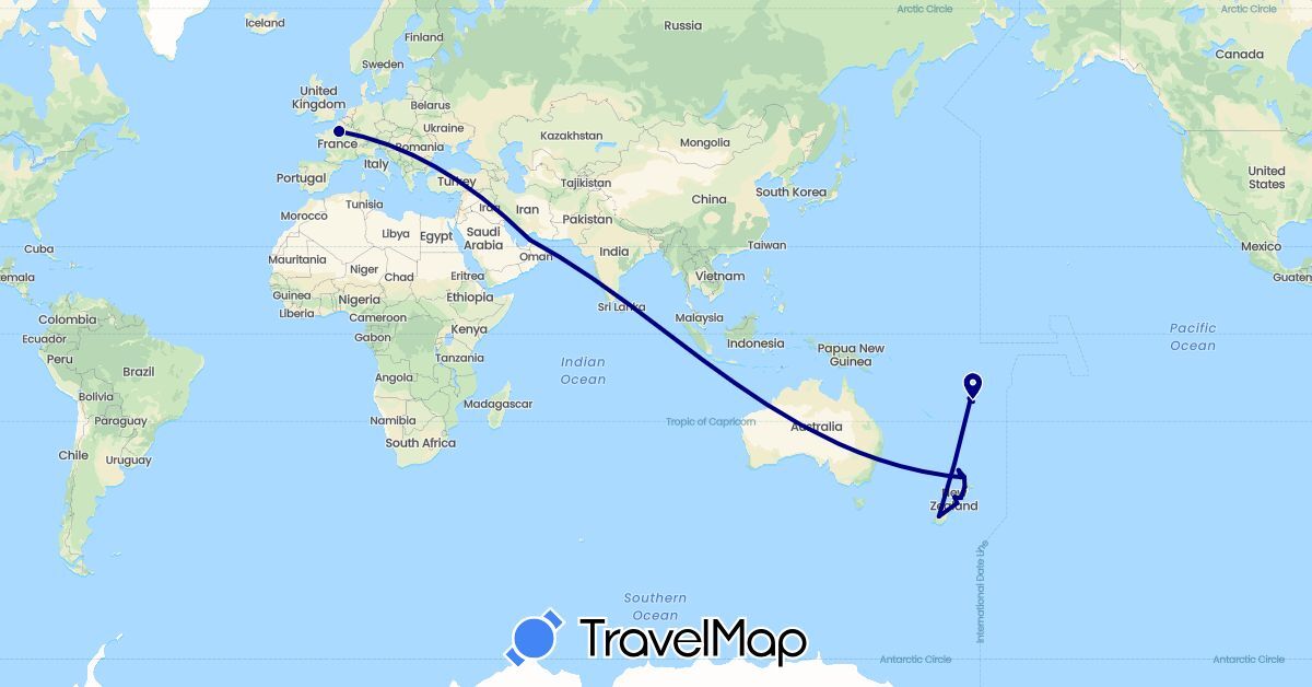TravelMap itinerary: driving in United Arab Emirates, Fiji, France, New Zealand (Asia, Europe, Oceania)